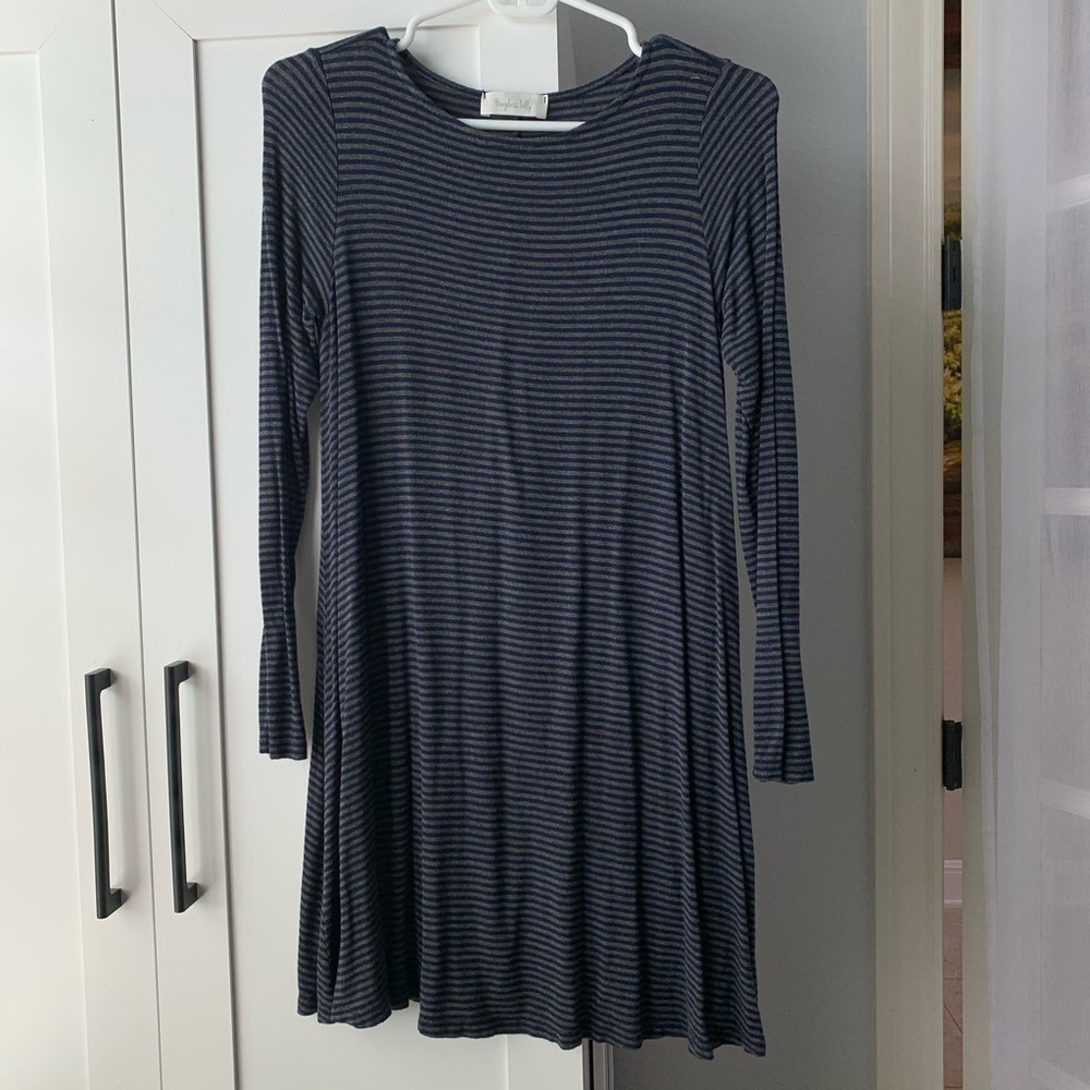 Navy Blue and Grey Stripe Long Sleeve Mini Dress